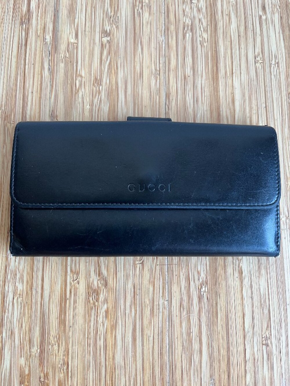 GUCCI Authentic Black Smooth Black Calf Leather Bifold Checkbook Wallet